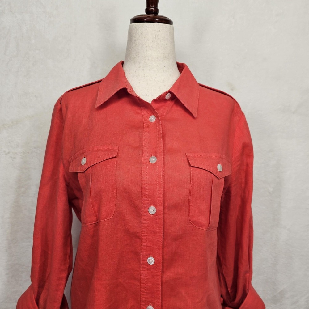 Chicos Shirt Womens Small Linen Roll Tab Sleeve Utility Pockets Button Front Top - Picture 2 of 9